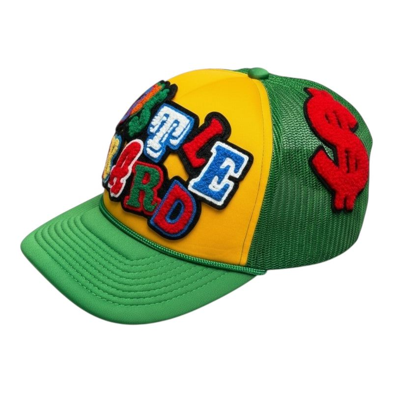 Colorful cap with embroidered letters and designs on a white background
