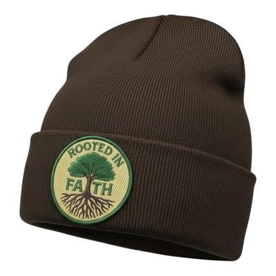 Brown beanie with a green and khaki patch featuring a tree and 'Rooted in Faith' text on a white background.