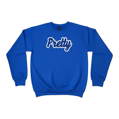 Blue sweatshirt with 'Pretty' text on a white background
