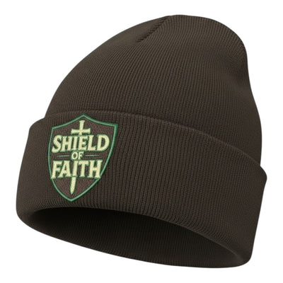 Brown beanie with 'Shield of Faith' logo on a white background