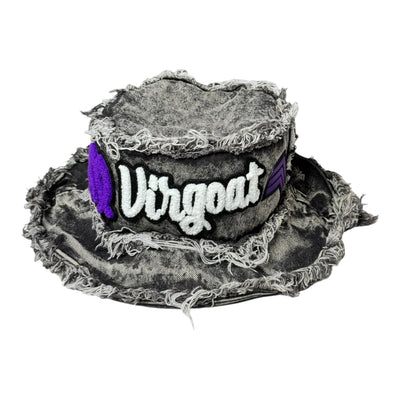 Denim hat with 'Virgoat' text on a white background