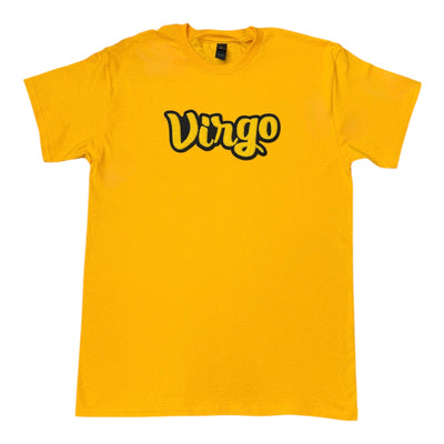 Yellow t-shirt with 'Virgo' text on a white background